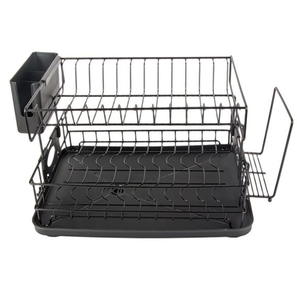 Dvojposchodový čierny sušiak na riad s odkvapkávacou miskou a príslušenstvom 07349
