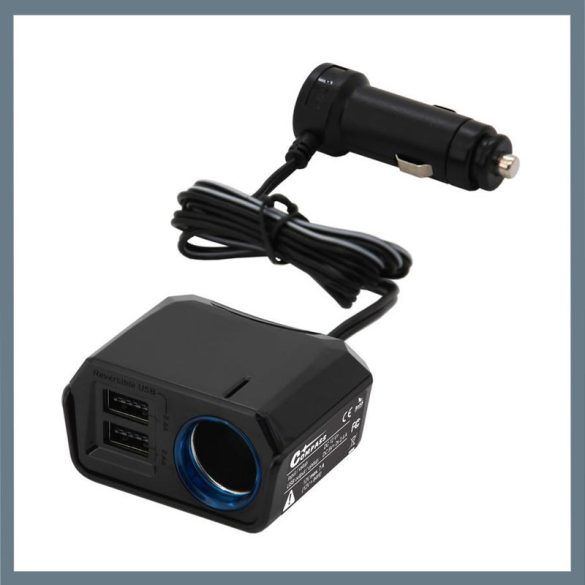 Adaptér do auta s 1 m káblom – 2× USB DUAL-SIDE + 12 V výstup, 2400 mA 07432