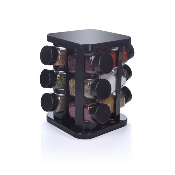 Moderný otočný stojan na koreniny s 12 sklenenými nádobami (12 x 140 ml) – čierny 1008014