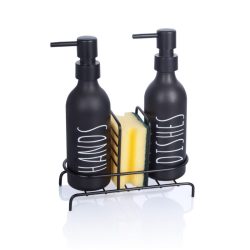   Prémiová sada na dávkovanie prostriedku na umývanie riadu a mydla v grafitovo šedej farbe so sklenenou nádobou, kovovým stojanom a špongiou (2 x 300 ml) 1008027