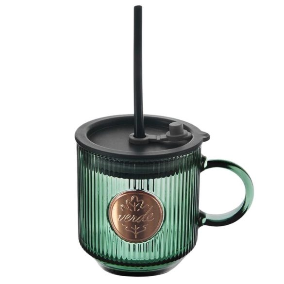 Orion VERDE sklenený pohár s viečkom a slamkou 330 ml – zelený, kompaktný a praktický 124371