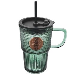   Orion VERDE sklenený pohár s viečkom a slamkou 450 ml – zelený, praktický a štýlový 124372