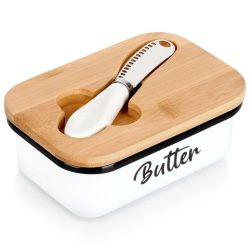   Biela kovová maslnička s bambusovým viečkom a nožom na maslo (16 x 10,5 cm) 139515