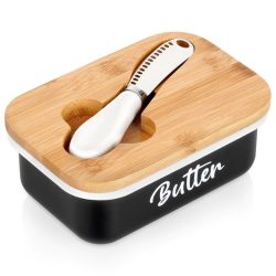   Čierny kovový maslovník s bambusovým vekom a nožom na maslo (16 x 10,5 cm) 139516