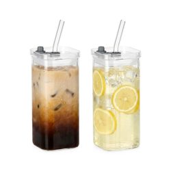   2-dielna sada hranatých sklenených pohárov s viečkom a sklenenou slamkou 340 ml 139853
