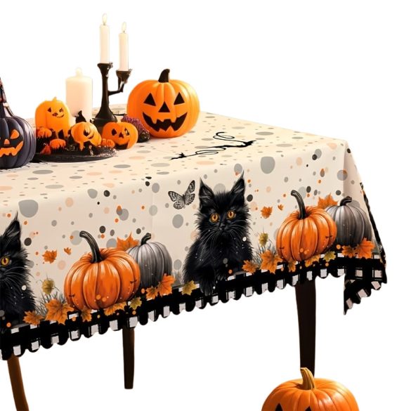 Halloweenský obrus s motívom čiernej mačky a tekvice – 150 × 220 cm 1WM0562187