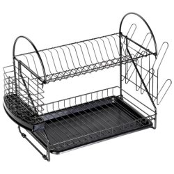   Dvojposchodový čierny kovový sušiak na riad s tácou a držiakom na príbory (53 x 24,5 x 38,5 cm) 229285