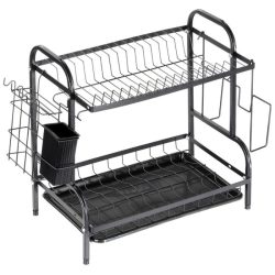   Dvojposchodový čierny kovový stojan na sušenie riadu s tácou a príslušenstvom (52 x 24,5 x 40 cm) 229301