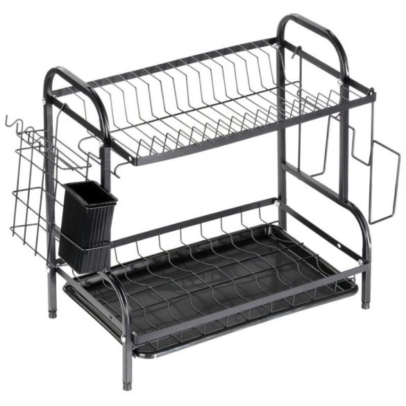 Dvojposchodový čierny kovový stojan na sušenie riadu s tácou a príslušenstvom (52 x 24,5 x 40 cm) 229301