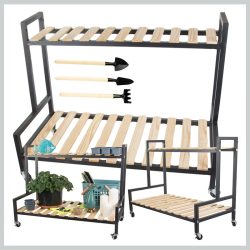   Pojazdný dvojúrovňový stojan na kvety s kovovým rámom a drevenými policami – 27398_CZ