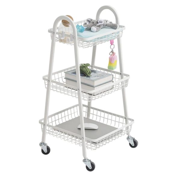 Trojposchodová kovová odkladacia polica na kolieskach, biela 27489_B