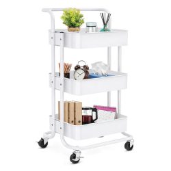 Trojposchodový kovový regál na kolieskach, biely 27491_B