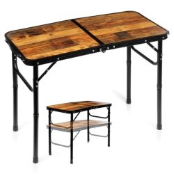   Skladací hliníkový kempingový stôl, hnedý, 2 v 1 – 80x40x33/60 cm 489400