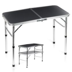   Skladací kovový kempingový stôl, grafit, 2 v 1 – 80x40x37/66 cm 489401