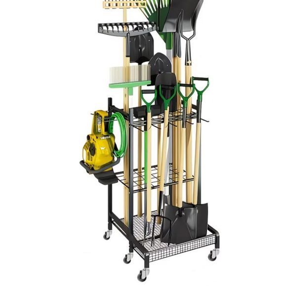 Odolný oceľový regál na záhradné náradie – s kolieskami, mobilné vyhotovenie 58M145K45G-K