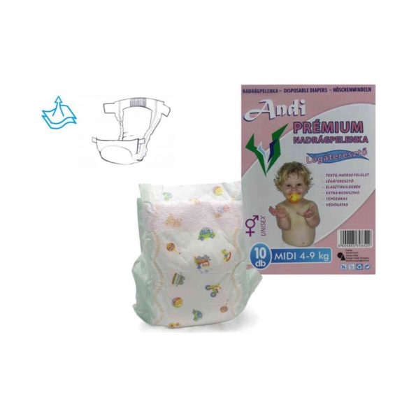 Plienky Andi Premium – pre dievčatá – veľkosť MIDI – 4–9 kg – 10 kusov 5999885708529