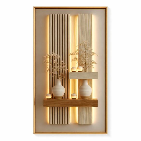 Moderný dekoratívny plátnový obraz s motívom drevenej police a vázy 70 × 140 cm 62M3350582