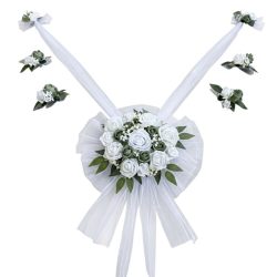   Elegantná 7-dielna svadobná výzdoba do auta – s bielymi ružami a tylovou stuhou 6GM725X84K