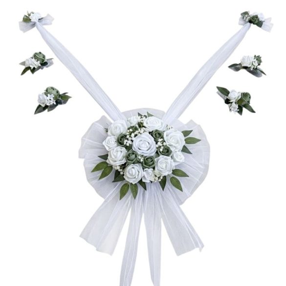 Elegantná 7-dielna svadobná výzdoba do auta – s bielymi ružami a tylovou stuhou 6GM725X84K