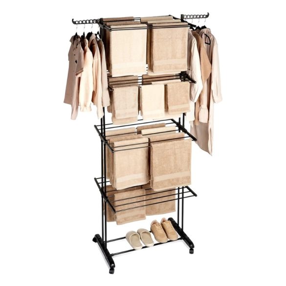 Čierny kovový vertikálny sušiak na bielizeň s kolieskami XXL 779117