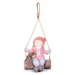   MagicHome vianočná závesná dekorácia s dievčatkom na hojdačke a ježkom, 31,5 × 28 × 36 cm 8090943