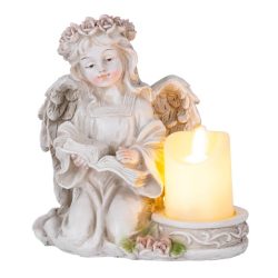   Keramický anjel s knihou a LED sviečkou, smútočná dekorácia – 17,5 × 12 × 17,5 cm 8091290