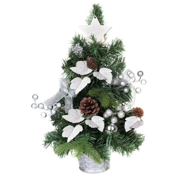 MagicHome zdobený vianočný stromček, strieborný, s lístkami, 40 cm 8091781