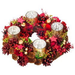   MagicHome Vianoce – červený adventný veniec so zlatými svietnikmi, 30 × 30 × 8 cm 8091931