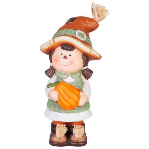 MagicHome Nature jesenná dekorácia s dievčatkom a tekvicou – terakota – 10,5 × 11,5 × 23 cm 8092401