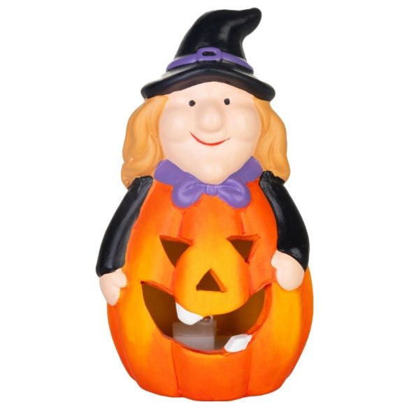 Halloweenská dekorácia MagicHome – čarodejnica v tekvicovej lucerne, svietiaca, terakota, 6,8 × 7,5 × 12,8 cm 8092406