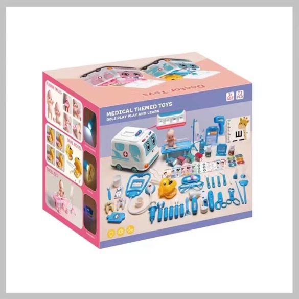 PROCART Detská lekárska súprava, 73 dielov, stetoskop, injekcia, sanitka, svetelné a zvukové efekty 839-023-BLUE