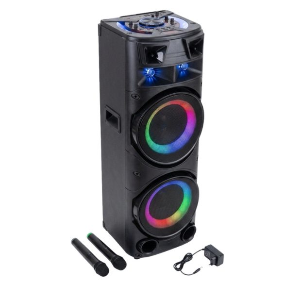 Prenosný party reproduktor s 2 × 12" reproduktormi, LED osvetlením a 2 mikrofónmi AO-1221