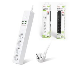   Sieťová predlžovačka, 4 zásuvky 4xUSB 5V/4,2A, 2xTyp-C 4A 2 metre, 3000W ochrana proti preťaženiu BKL-03EU