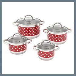   Súprava hrncov Bachmayer 8 dielna nerezová červeno biely bodkovaný dizajn BM-4003