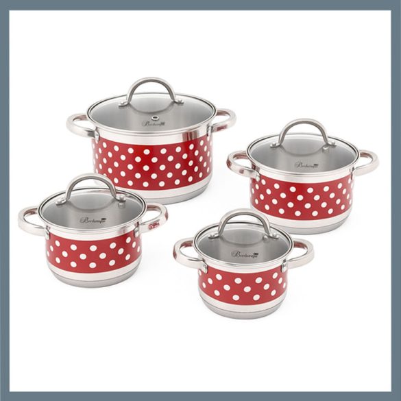 Súprava hrncov Bachmayer 8 dielna nerezová červeno biely bodkovaný dizajn BM-4003
