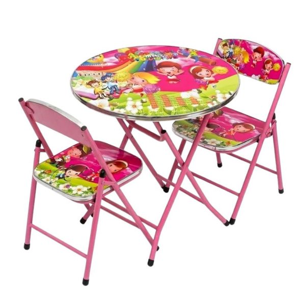 Detská súprava stola a stoličiek, 3-dielna, s ružovým vzorom, model BW-102