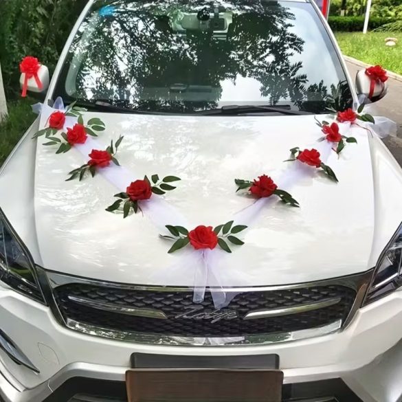 Svadobná výzdoba z umelých kvetín na auto, červená CJ2207973-P