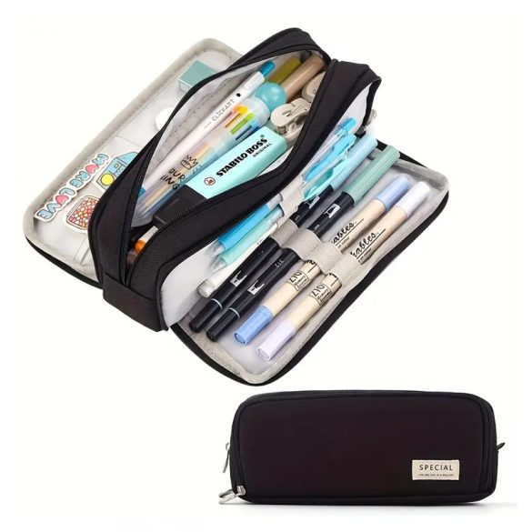 Módne viacvrstvové puzdro na ceruzky s dvojitým priestorom, čierne DK1514948-F