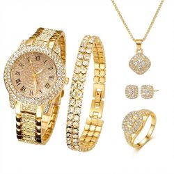   6-dielna luxusná dámska súprava hodinky a šperky (zlatá farba) DW4194645-A