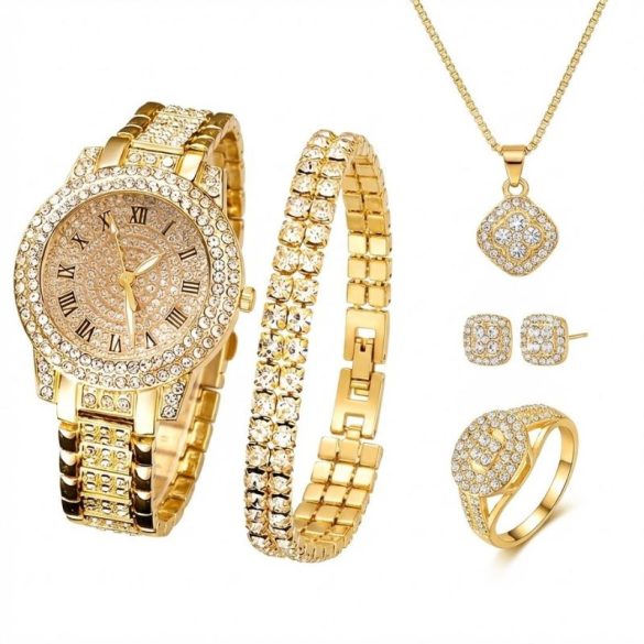 6-dielna luxusná dámska súprava hodinky a šperky (zlatá farba) DW4194645-A