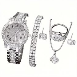   6-dielna luxusná dámska súprava hodiniek a šperkov (strieborná farba) DW4194645-S
