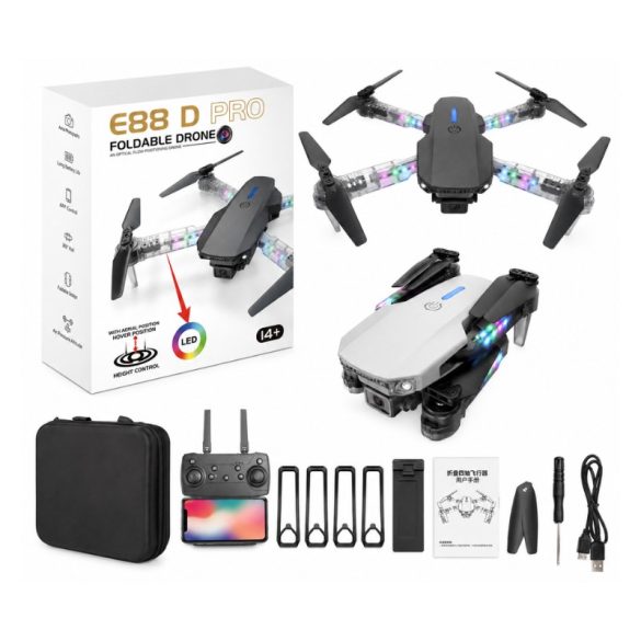 Skladací dron s kamerou, LED osvetlením a diaľkovým ovládaním E88D-PRO