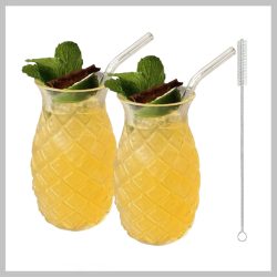   Sada tropických pohárov s motívom ananásu – 2 kusy, 480 ml, so slamkami a čistiacou kefkou EQ2732526