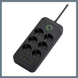   Predlžovací kábel so 6 zásuvkami, 3 USB + 1 Type-C portom, 1,2 m kábel, čierny F018U-BLACK
