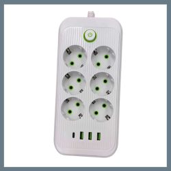   Predlžovací kábel so 6 zásuvkami, 3 USB + 1 Type-C portom, 1,2 m kábel, biely F018U