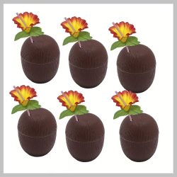   Tropický pohár v tvare kokosu – sada 6 kusov s hibiskovým kvetom a slamkou FA2540717