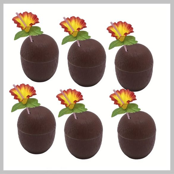 Tropický pohár v tvare kokosu – sada 6 kusov s hibiskovým kvetom a slamkou FA2540717