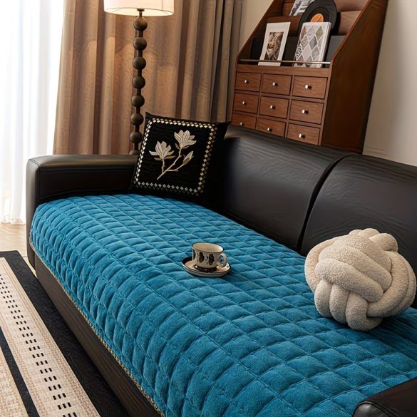 Prešívaný poťah na pohovku z mliečneho zamatu 90 × 180 cm – modrý FE11156782-18