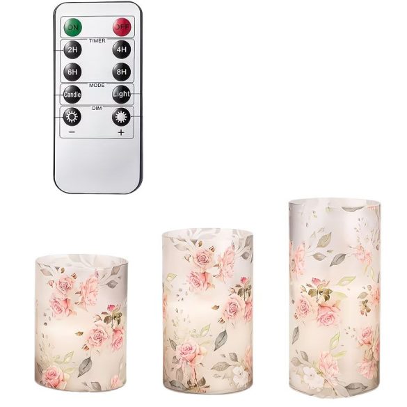 3-dielna sada romantických LED sviečok s ružovým motívom a diaľkovým ovládaním FK768642