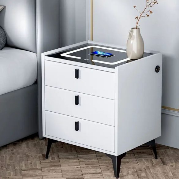 Inteligentný nočný stolík s bezdrôtovým nabíjaním — biely, 3 zásuvky GD320076-fh3